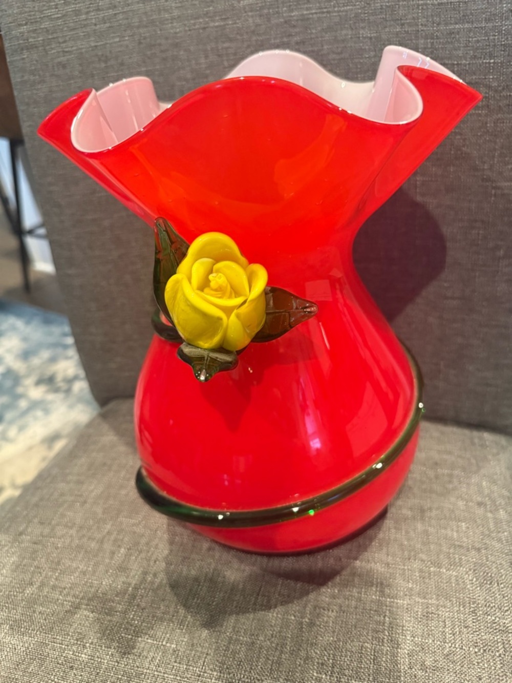 Red Glass Vase with Yellow Rose Accent - Home Accents